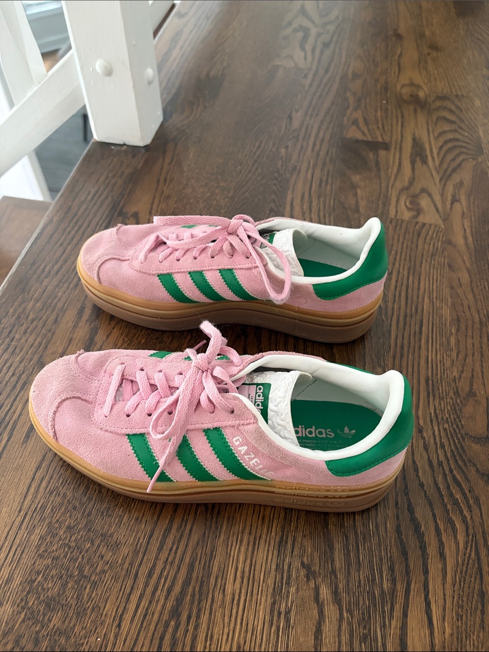 Adidas Pink Suede Sneakers with Green Stripes and Gum Sole - Picture 3 of 4